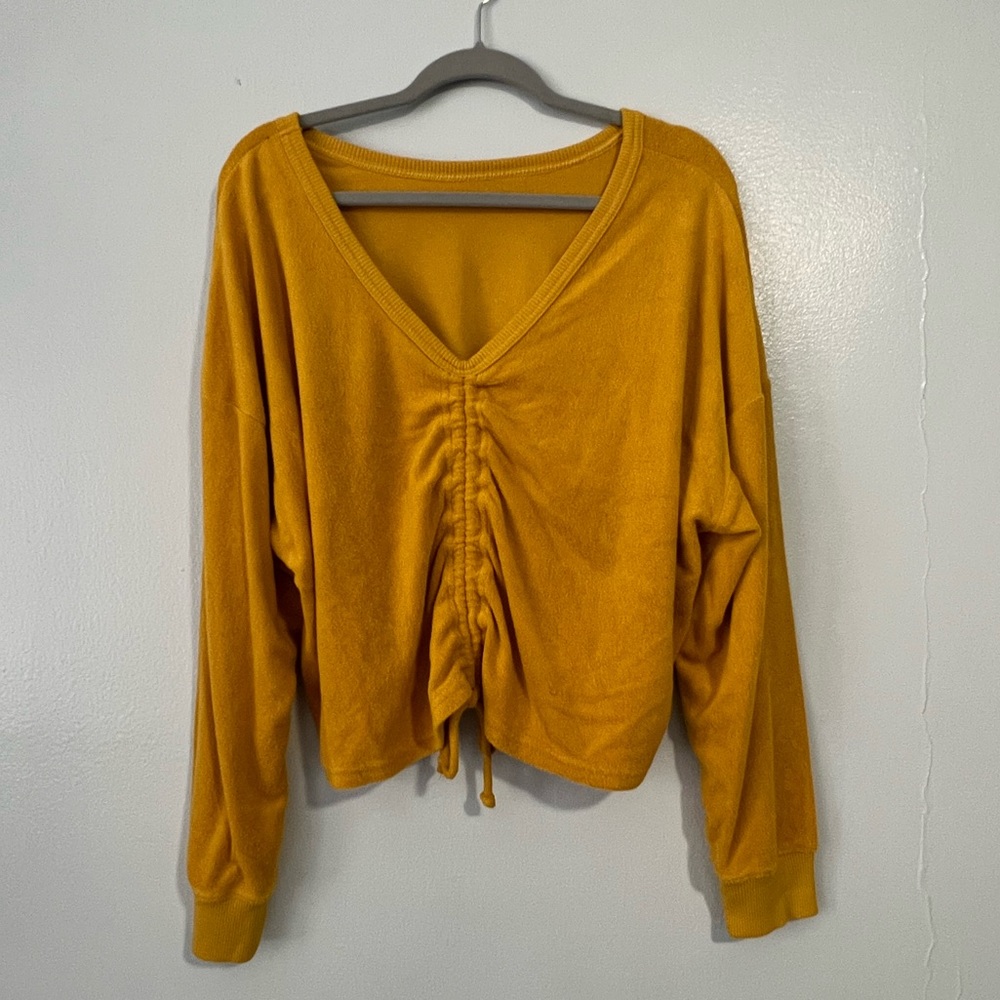 NWOT Aerie Yellow terrycloth material cropped sweater- size large